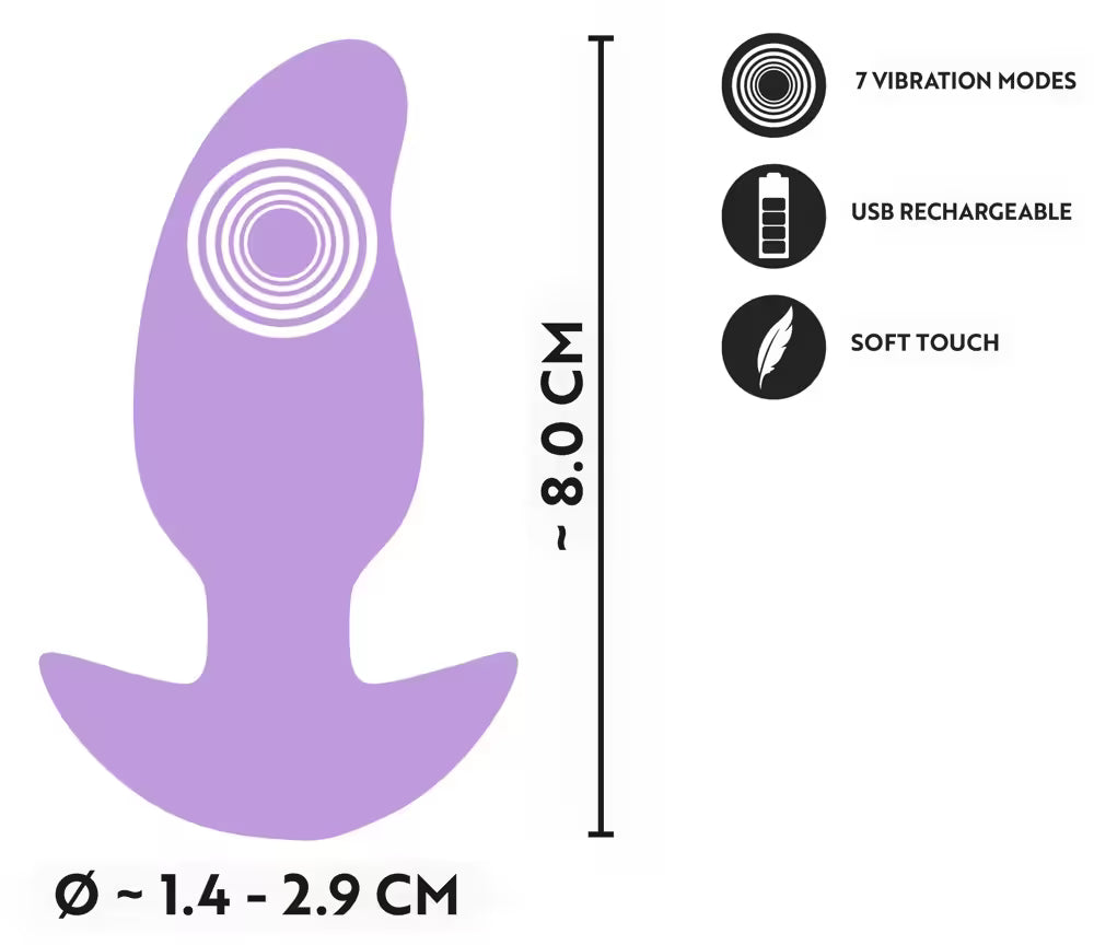 Mini-Buttplug: ca. 8,0 cm lang, Ø 1,4–2,9 cm, 7 Vibrationsmodi