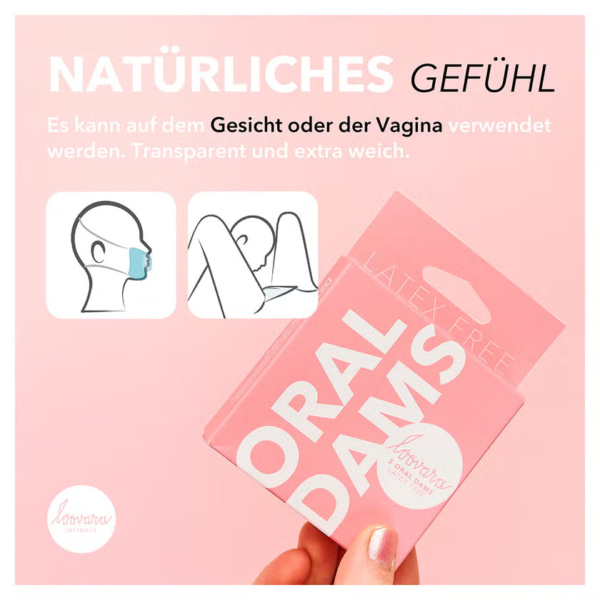 Oral-Dams-Set (3 Stück) in rosa Verpackung, transparentes Schutzblatt, extra weich